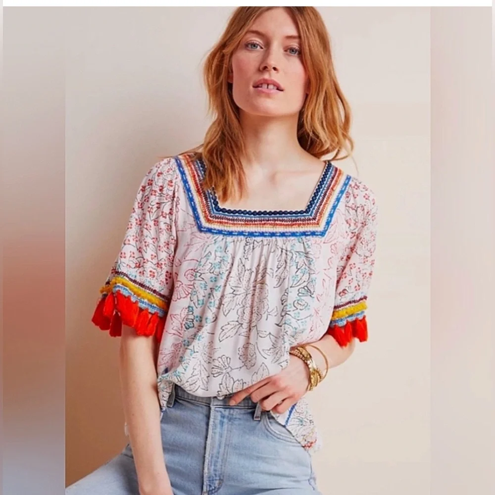 Anthropologie Maeve Paolina Tasseled Blouse S - Picture 2 of 7